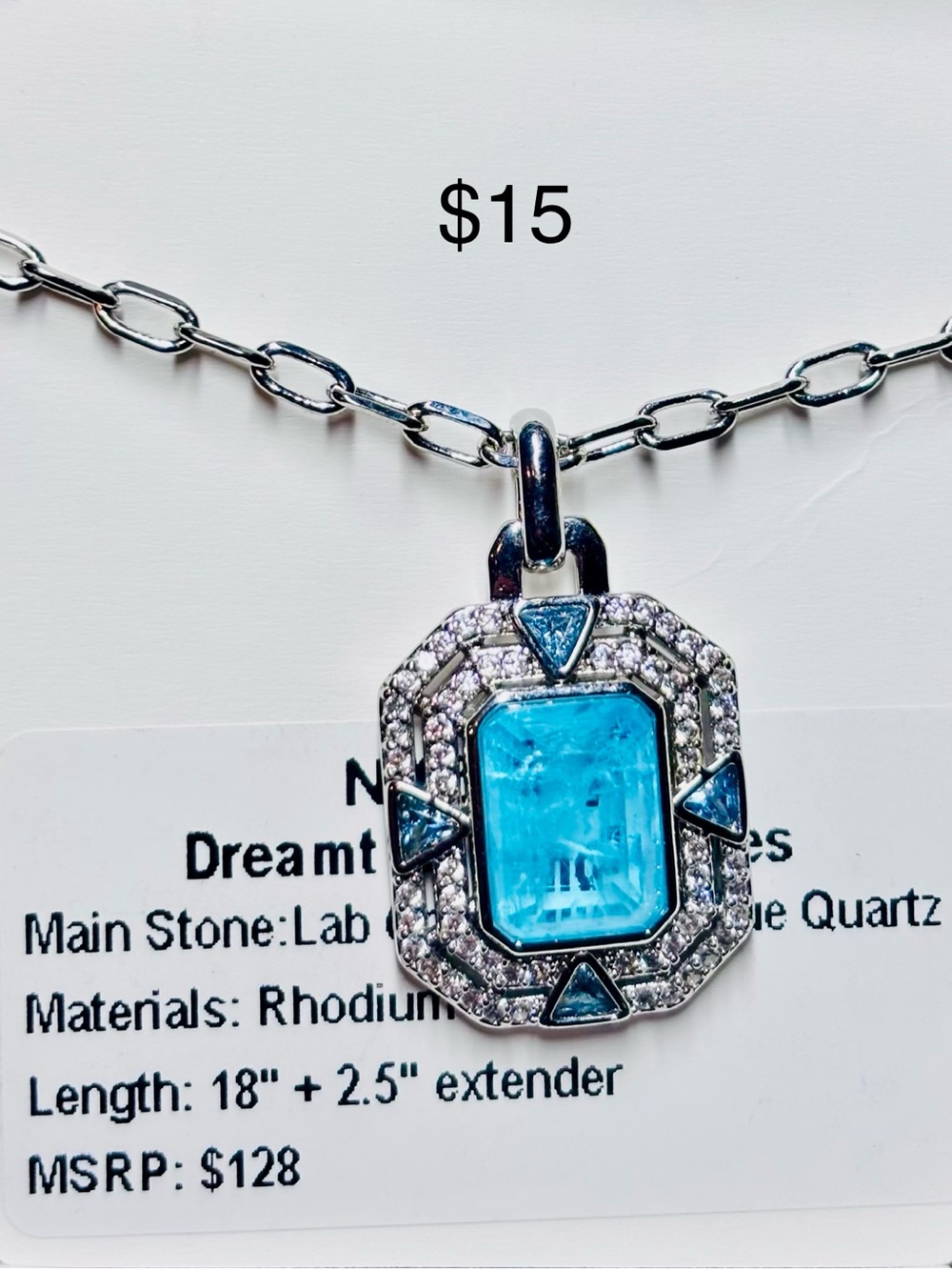 Blue Crystal Octagon Pendant Necklace - Dreamt Collection